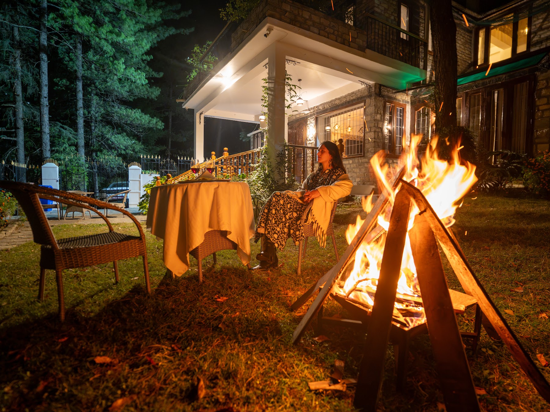 Bonfire and garden seating at night