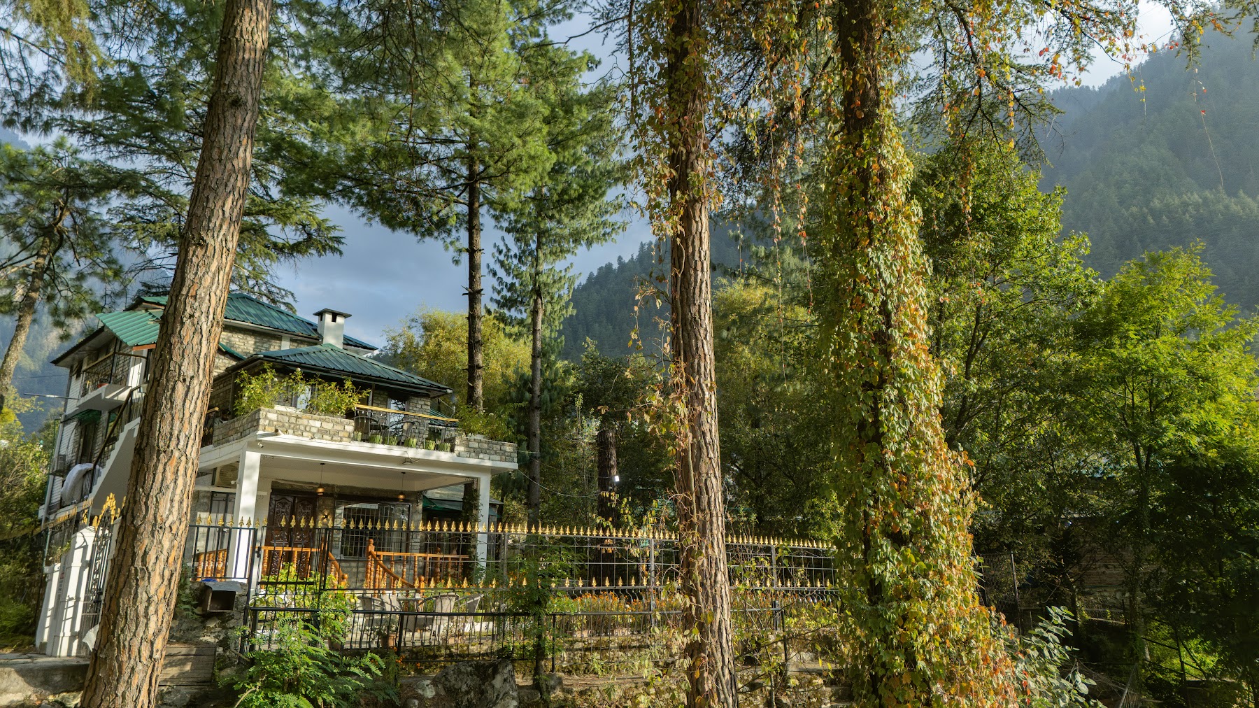 Drone view of River Stone Villa in the Parvati Valley