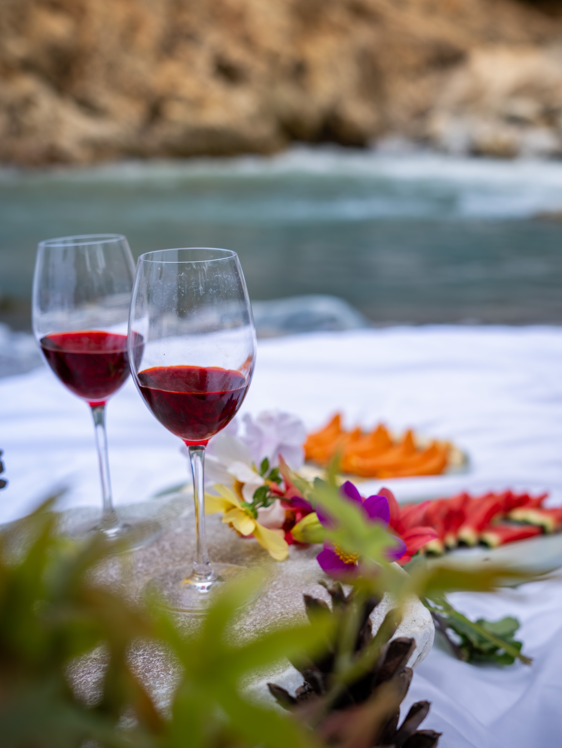Food laid out for a riverside picnic